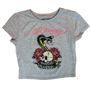 Ed Hardy RHINESTONE ROSE COBRA BABY TEE Size:M Color:Gray